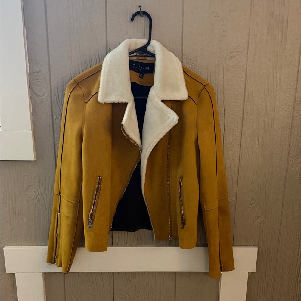 CDM Women's Yellow Leather Jacket with White Collar